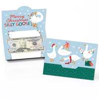 Christmas card with geese and dollar bill design on a white background