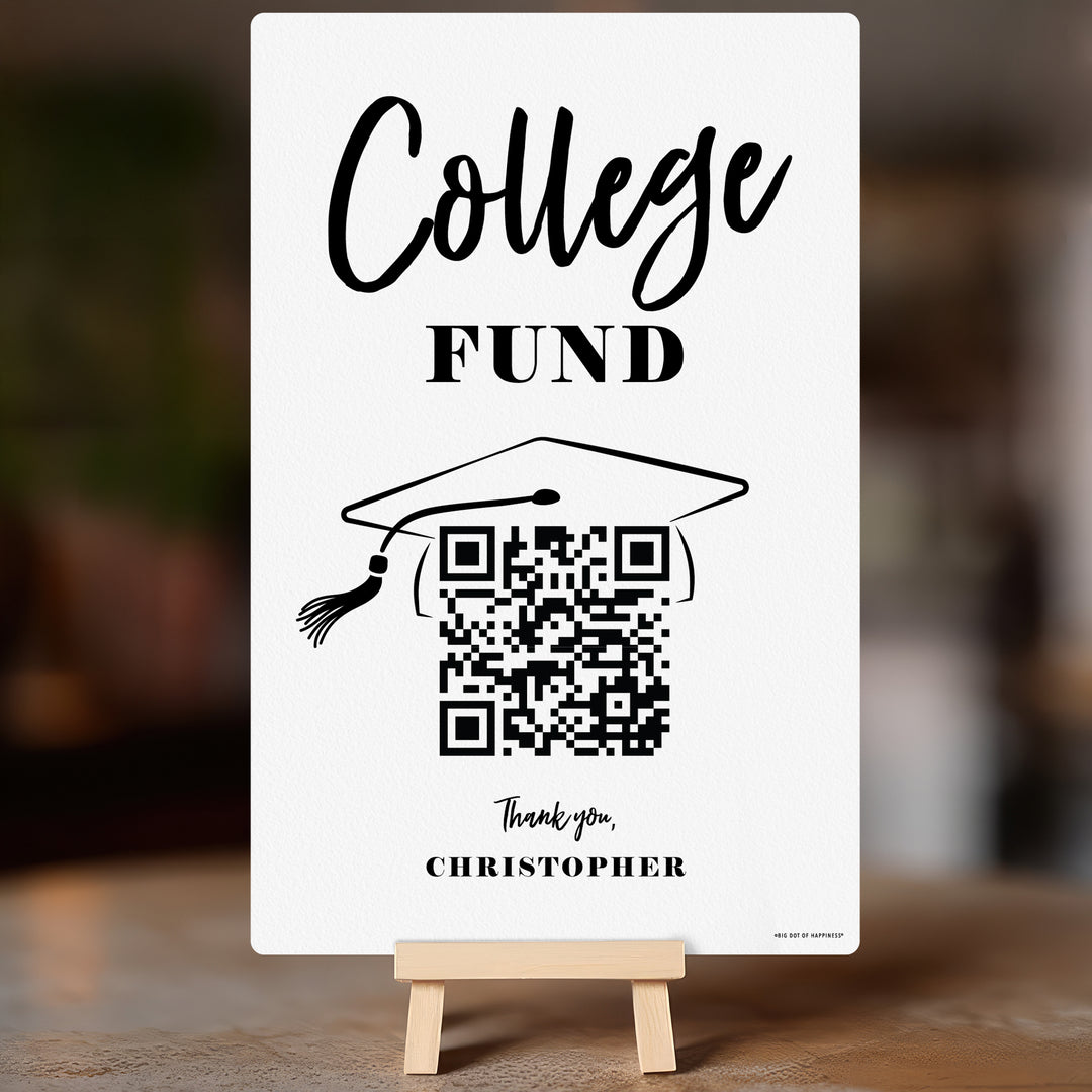 College fund QR code graduation sign displayed on gift table at high school party