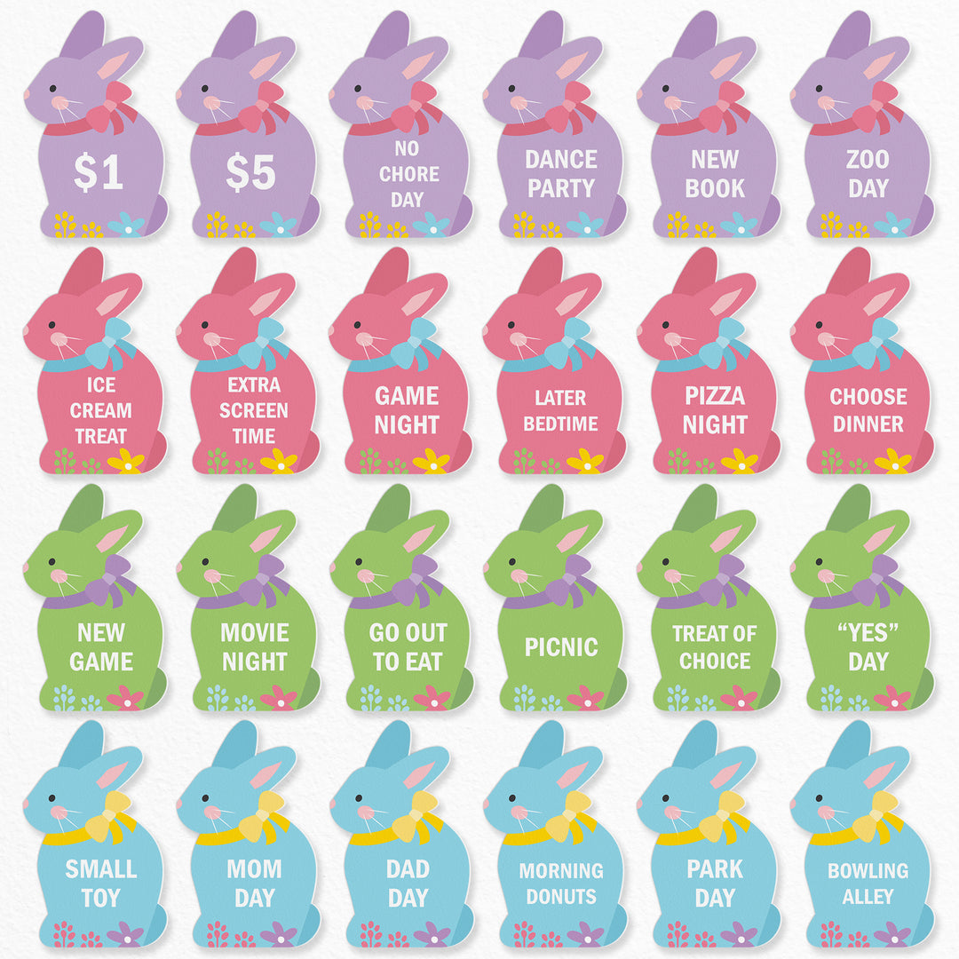 Full view of 24 Colorful Easter Egg Hunt Tokens flat lay arrangement