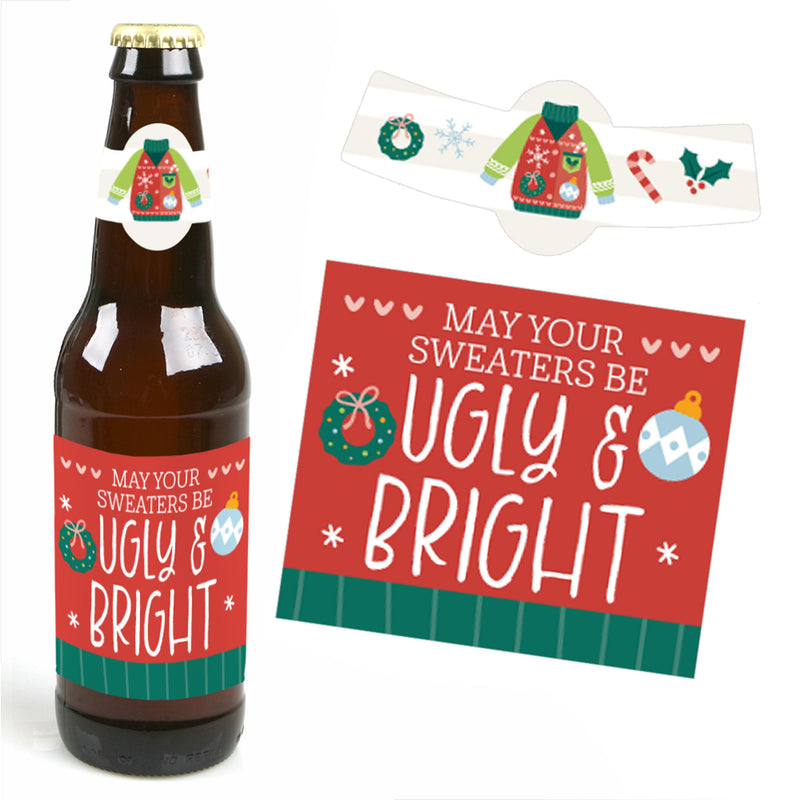 Colorful Christmas Sweaters - Ugly Sweater Holiday Party Decorations for Women and Men - 6 Beer Bottle Label Stickers and 1 Carrier