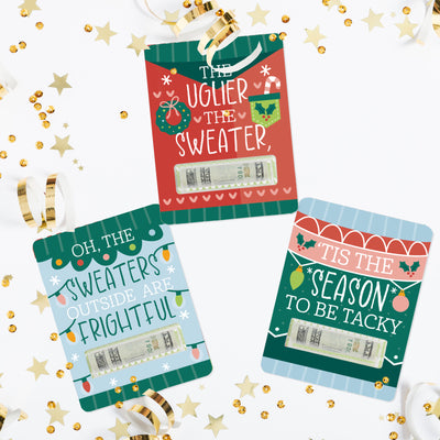 Colorful Christmas Sweaters - DIY Assorted Ugly Sweater Holiday Party Cash Holder Gift - Funny Money Cards - Set of 6