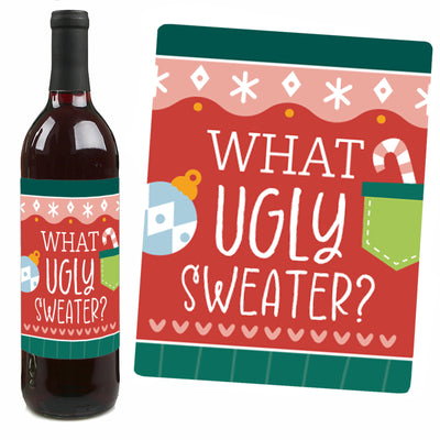Colorful Christmas Sweaters - Ugly Sweater Holiday Party Decorations for Women and Men - Wine Bottle Label Stickers - Set of 4