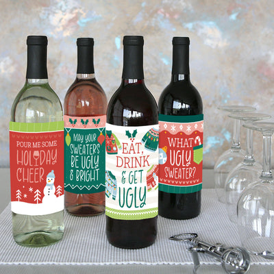 Colorful Christmas Sweaters - Ugly Sweater Holiday Party Decorations for Women and Men - Wine Bottle Label Stickers - Set of 4