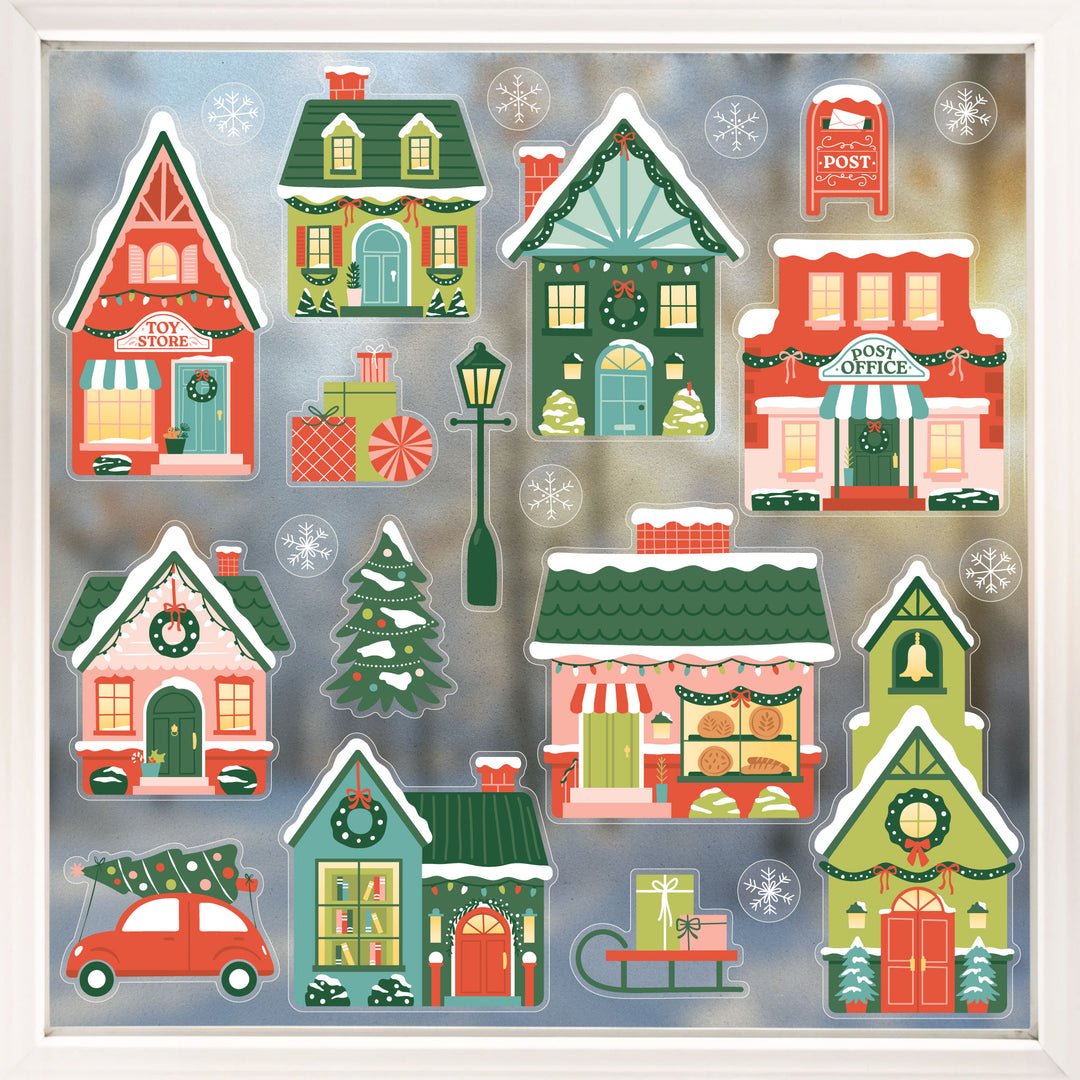 Colorful Christmas Village Window Clings