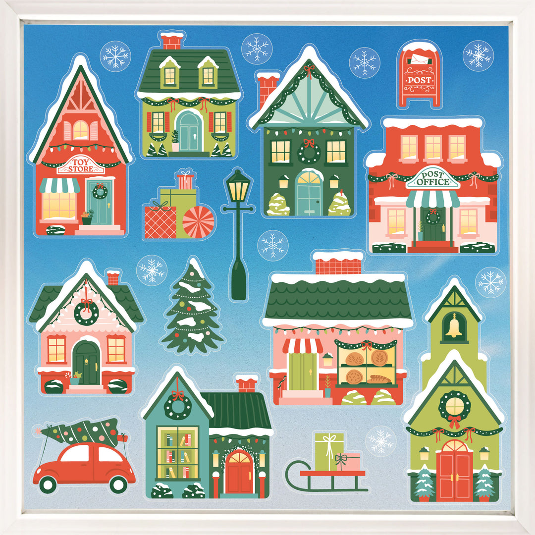 Colorful Christmas Village Window Clings