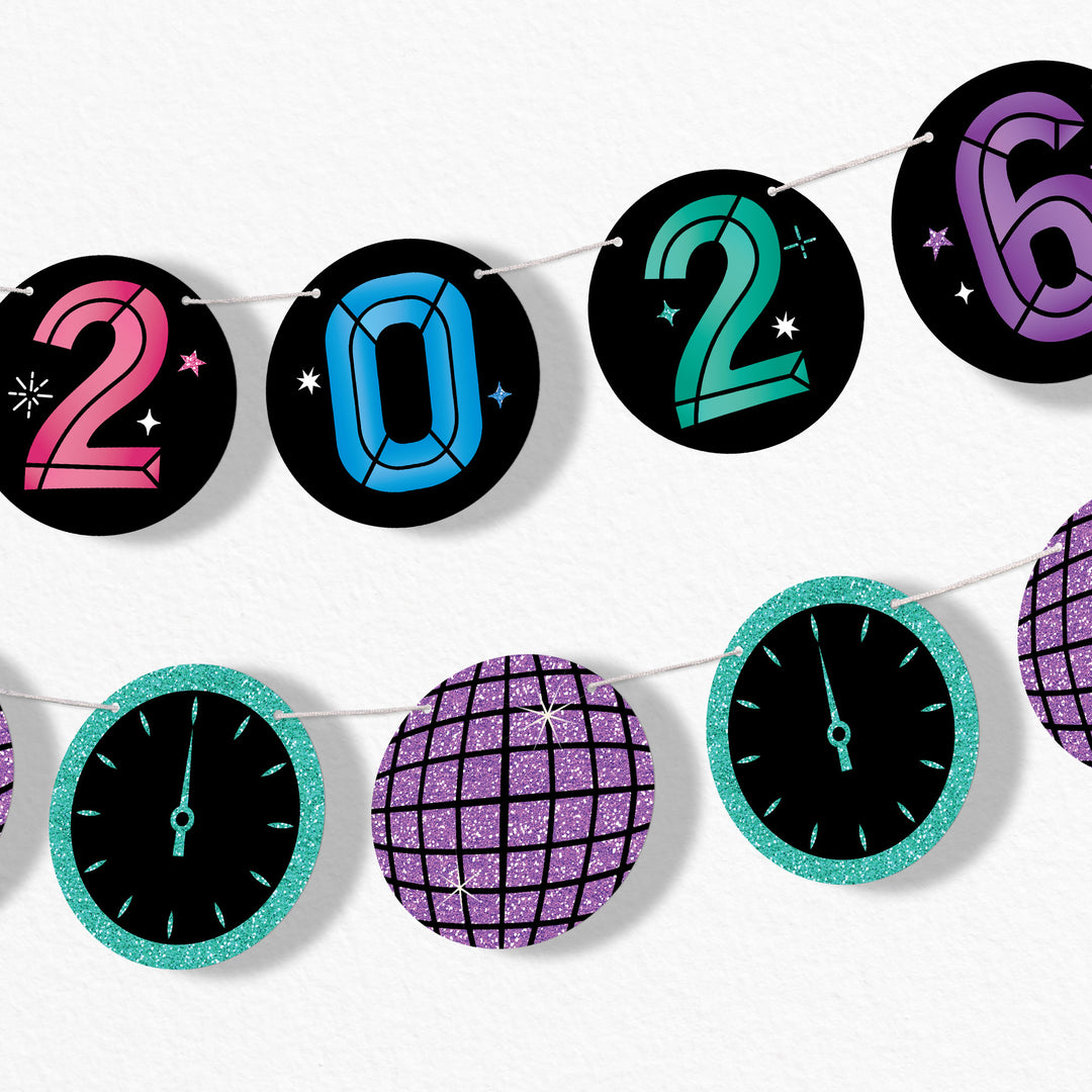 Colorful New Years Eve banner with decorative elements on a white background