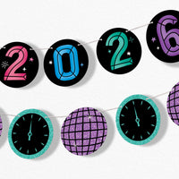 Colorful New Years Eve banner with decorative elements on a white background