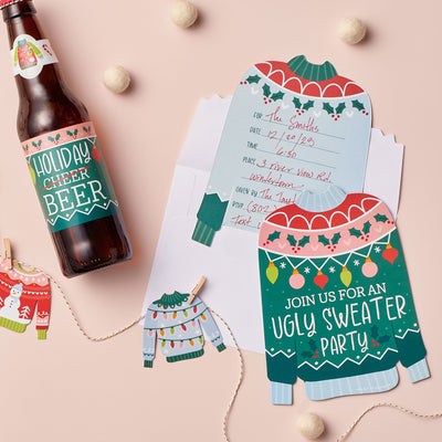 Colorful Christmas Sweaters - Ugly Sweater Holiday Party Decorations for Women and Men - 6 Beer Bottle Label Stickers and 1 Carrier