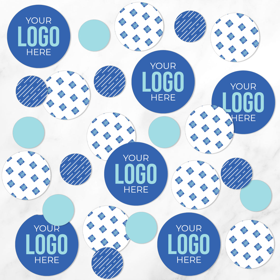 A collection of circular confetti with varying sizes, with a placeholder for a logo, in shades of blue.