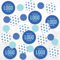 A collection of circular confetti with varying sizes, with a placeholder for a logo, in shades of blue.