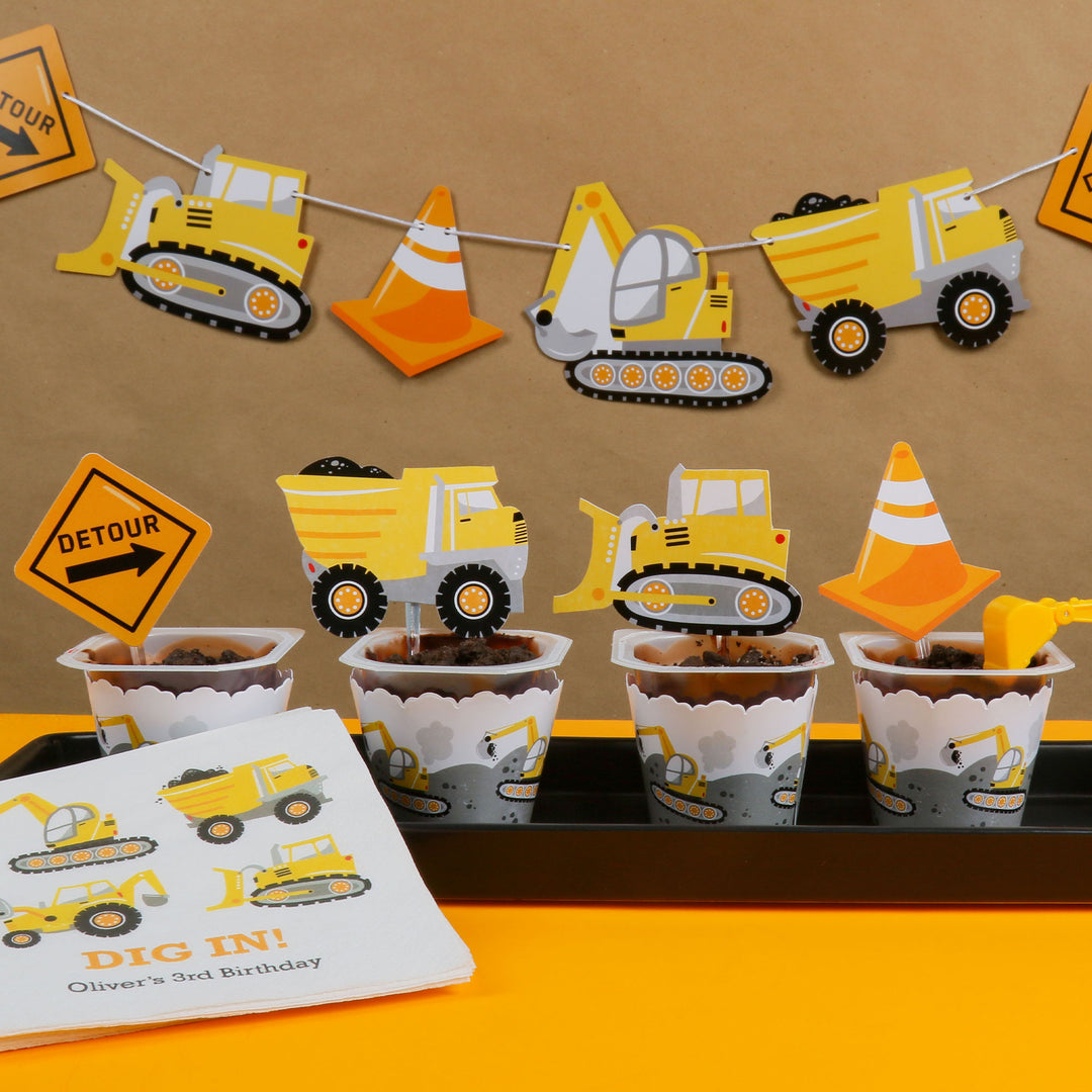 Dig It - Construction Party Zone - Cupcake Decoration - Baby Shower or Birthday Party Cupcake Wrappers and Treat Picks Kit - Set of 24