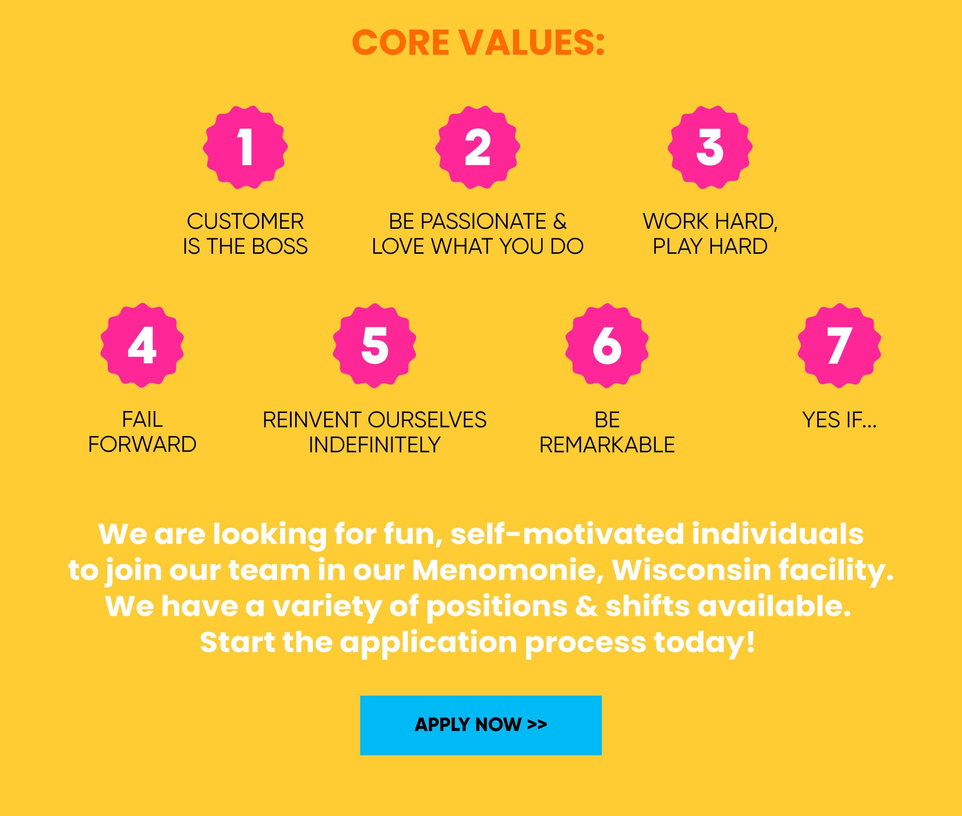 Yellow background with pink and black text listing core values and job recruitment information.