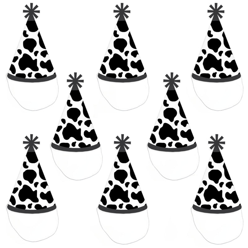 Cow Print - Cone Happy Birthday Party Hats for Kids and Adults - Set of 8 (Standard Size)