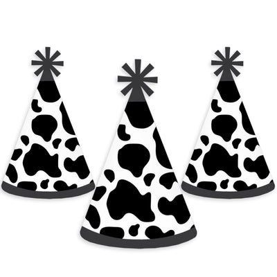 Cow Print - Cone Happy Birthday Party Hats for Kids and Adults - Set of 8 (Standard Size)