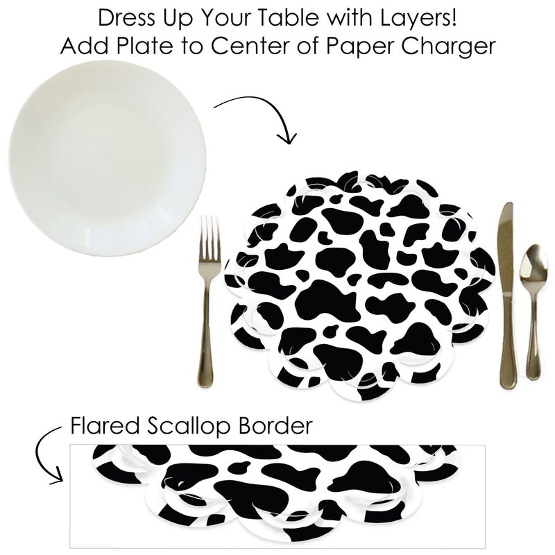 Cow Print - Farm Animal Party Round Table Decorations - Paper Chargers - Place Setting For 12