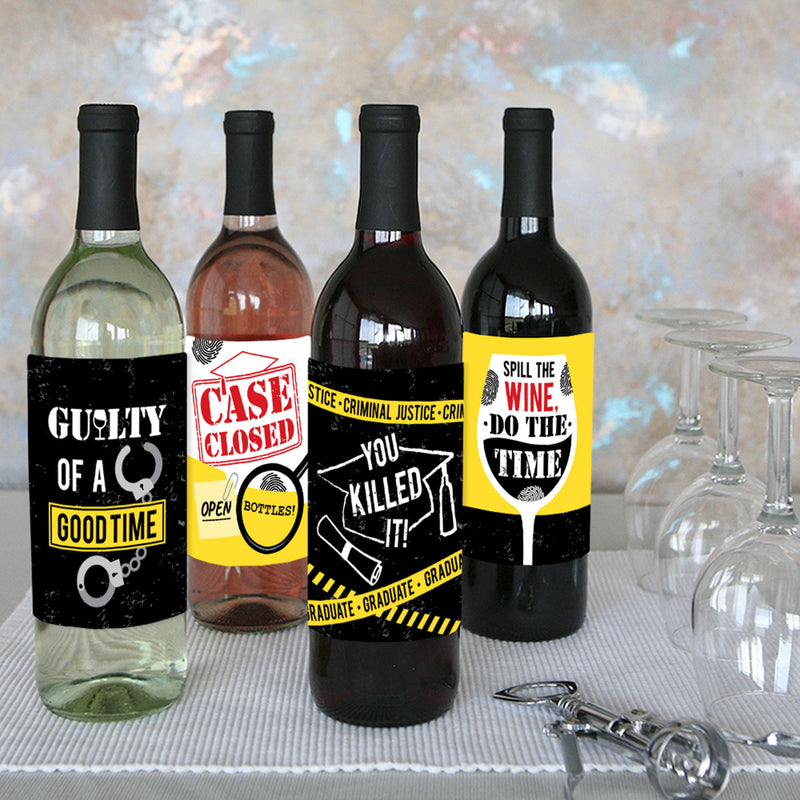 Case Closed - Criminal Justice Graduation Party Decorations for Women and Men - Wine Bottle Label Stickers - Set of 4