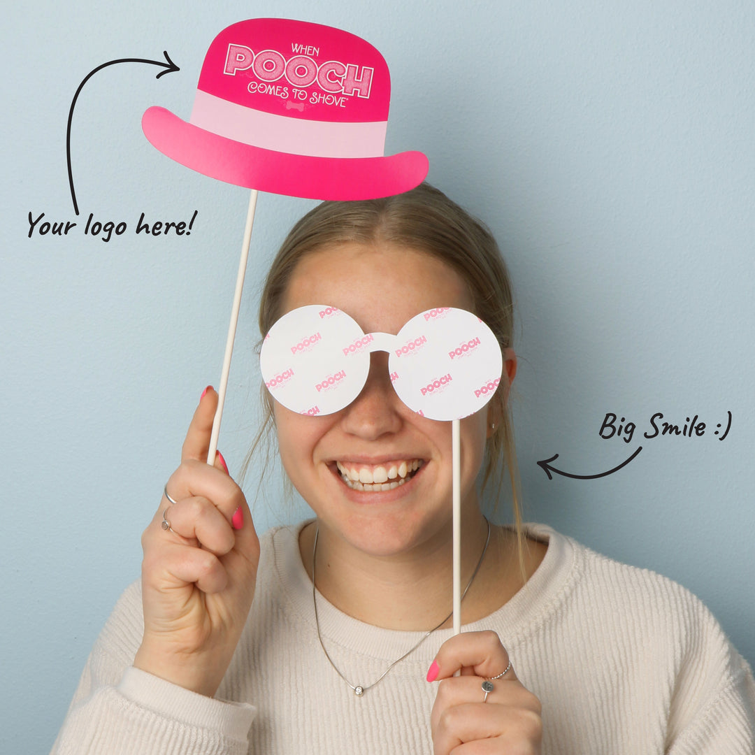 Personalized photo booth props with company logo and brand colors