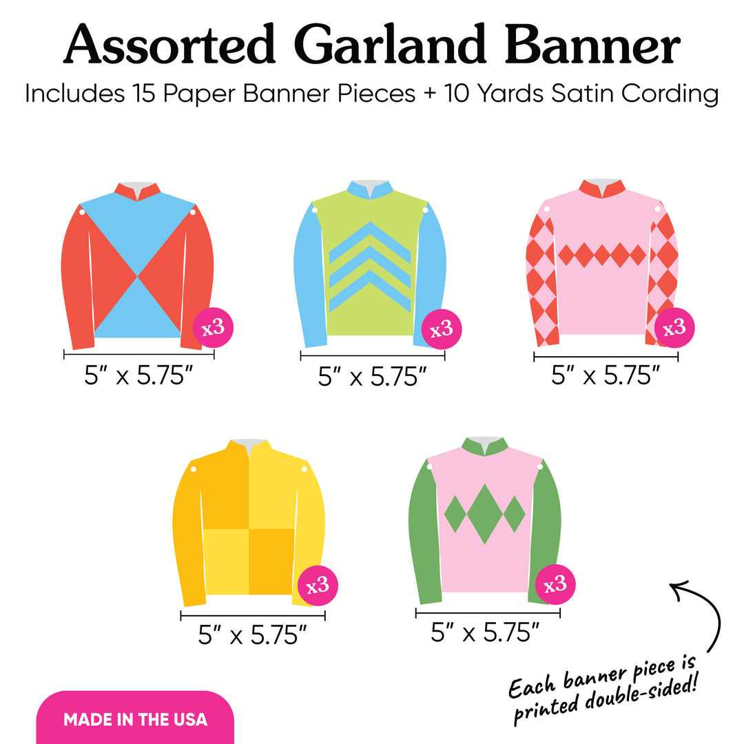 Assorted jockey silks banner with colorful designs and dimensions on a white background.