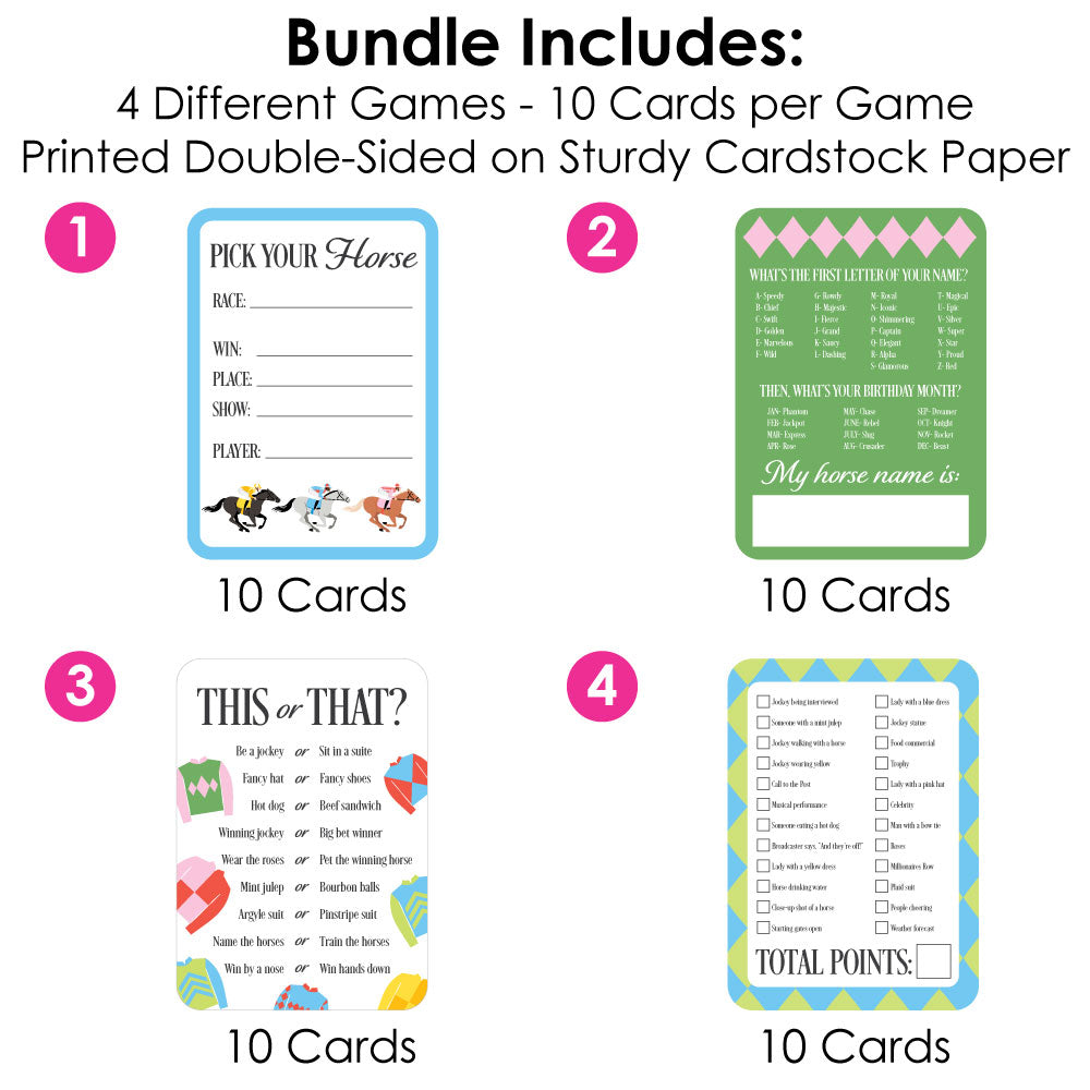 Set of 4 different games with 10 cards each on a white background