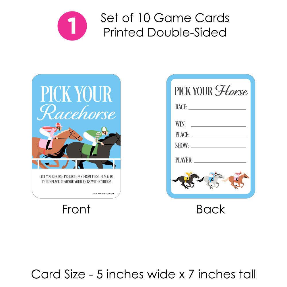 Set of 10 game cards for 'Pick Your Racehorse' game, showing front and back designs.