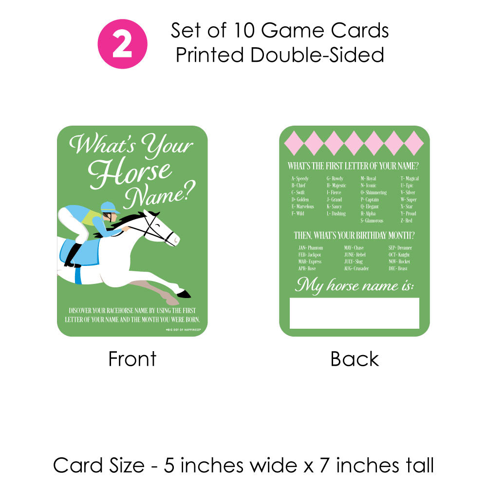 Set of 10 game cards printed double-sided with horse-themed questions, front and back views shown.