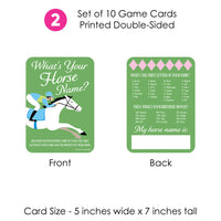Set of 10 game cards printed double-sided with horse-themed questions, front and back views shown.