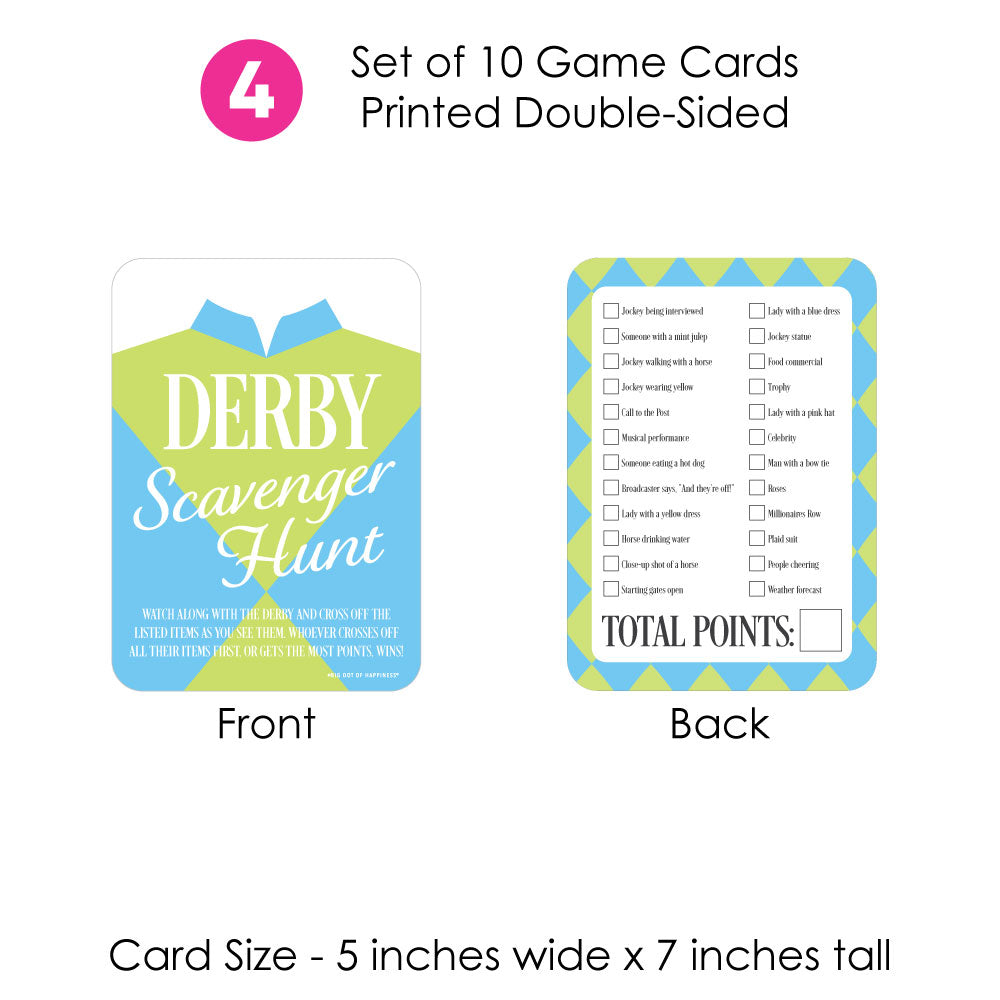 Derby Scavenger Hunt game card set with front and back views on a white background