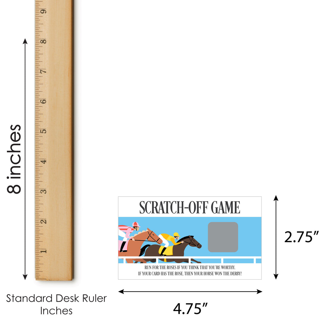 Scratch-off game card with horse racing design next to a ruler for size reference