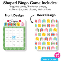 Bingo game card with front and back designs, including text about included items.