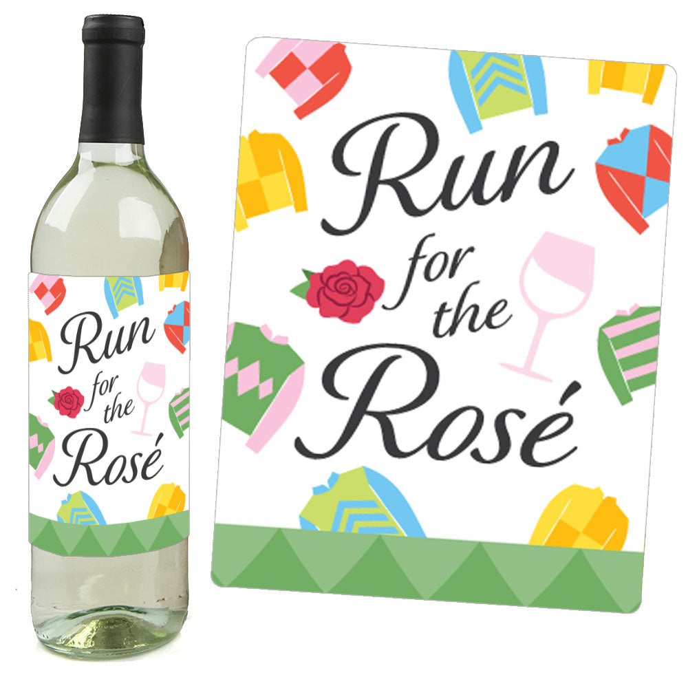 Wine bottle with 'Run for the Rosé' label and matching decorative sign.