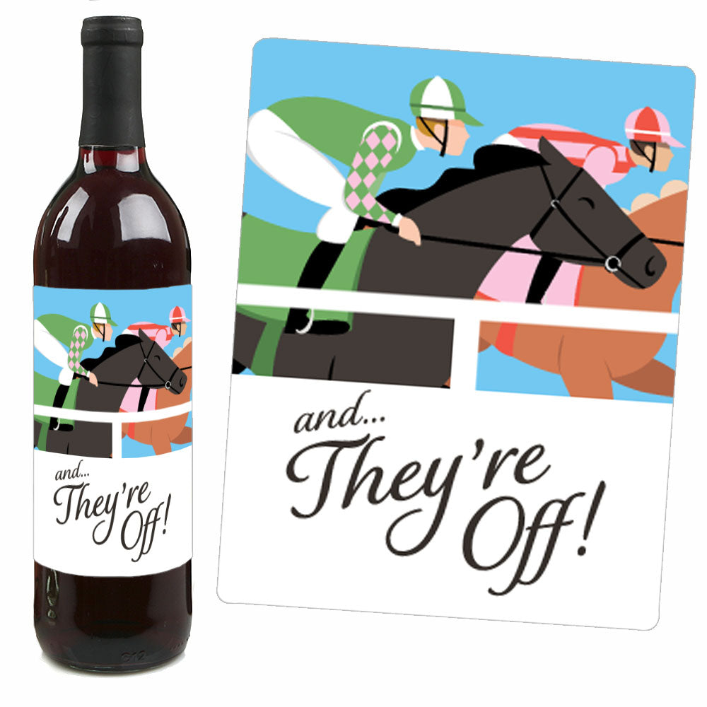 Wine bottle with a racing-themed label featuring jockeys and horses, accompanied by a matching card.