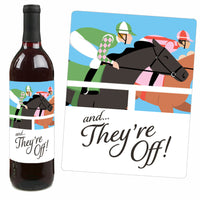 Wine bottle with a racing-themed label featuring jockeys and horses, accompanied by a matching card.