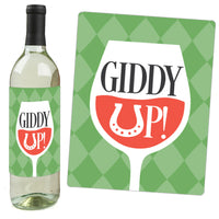 Wine bottle with 'Giddy Up!' label and matching sign on a white background