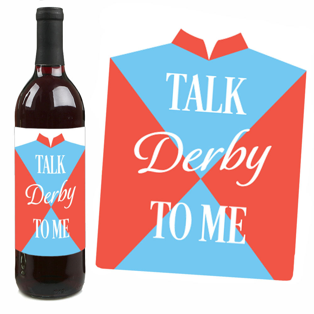 Wine bottle with 'Talk Derby To Me' label and packaging on a white background