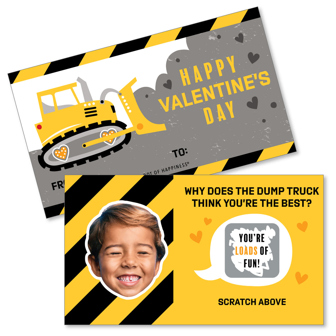 Custom Valentine's Day scratch-off card for classroom exchanges with a construction truck design and a space for a photo, featuring a child's face on the front.