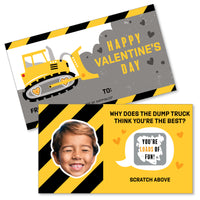Custom Valentine's Day scratch-off card for classroom exchanges with a construction truck design and a space for a photo, featuring a child's face on the front.