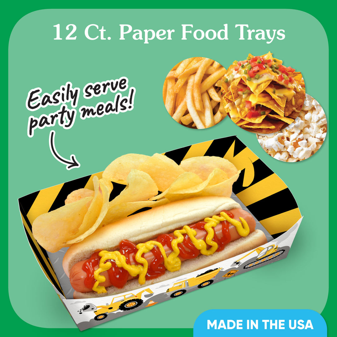 Construction themed paper food trays for kids party snacks and meals.