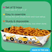 Disposable construction party food serving trays with trucks and tools design.