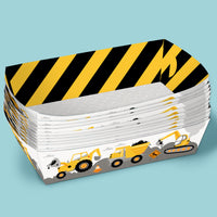 Construction birthday party paper food trays for food table décor.
