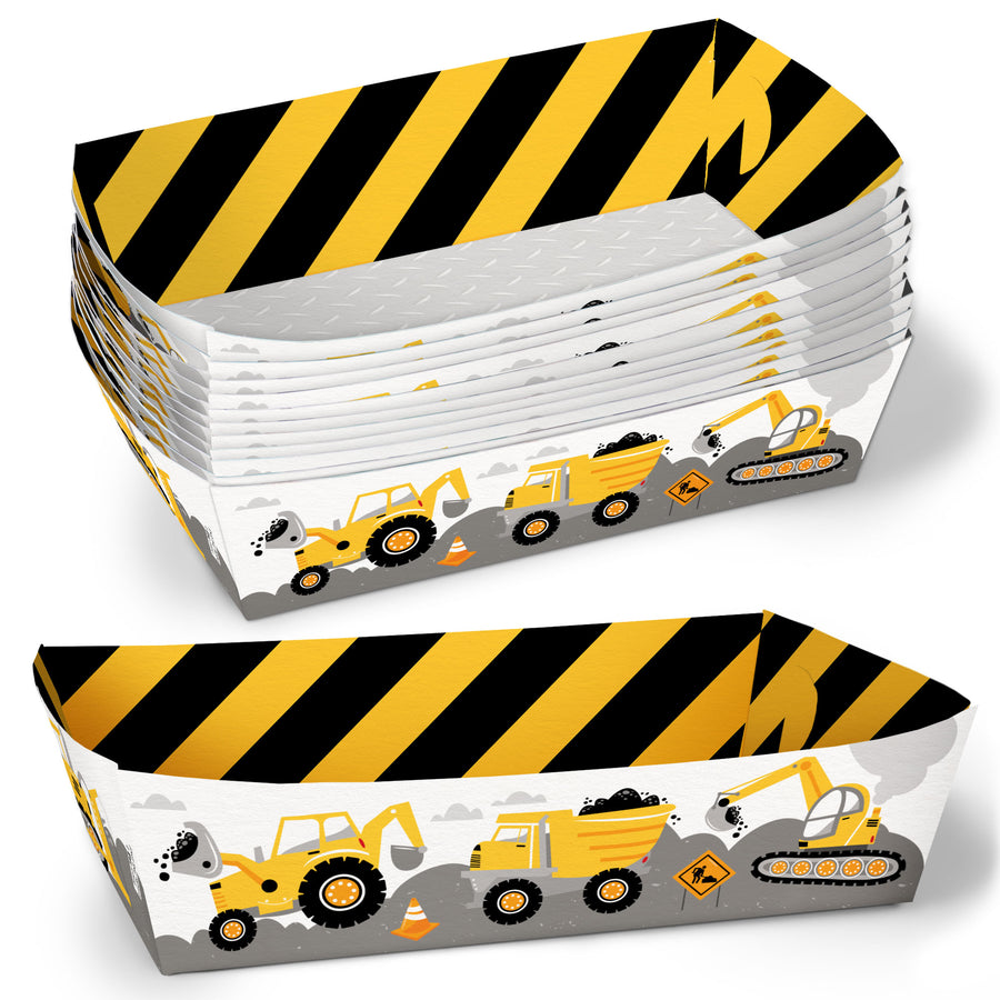 Construction party paper food trays – disposable construction themed snack boats for kids birthday party food table.