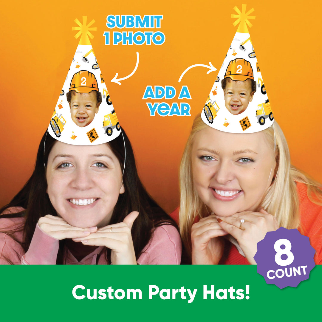 8-pack custom construction party cone hats with personalized name or age.