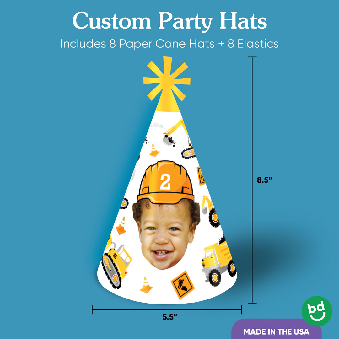 Personalized construction party hats for kids’ birthday celebration — 8 count.