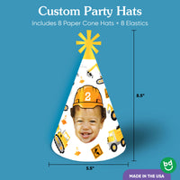 Personalized construction party hats for kids’ birthday celebration — 8 count.