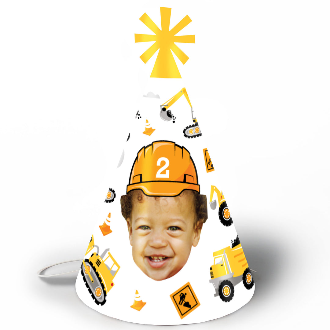 Custom construction birthday cone hats – 8 personalized party hats for construction themed birthday celebrations