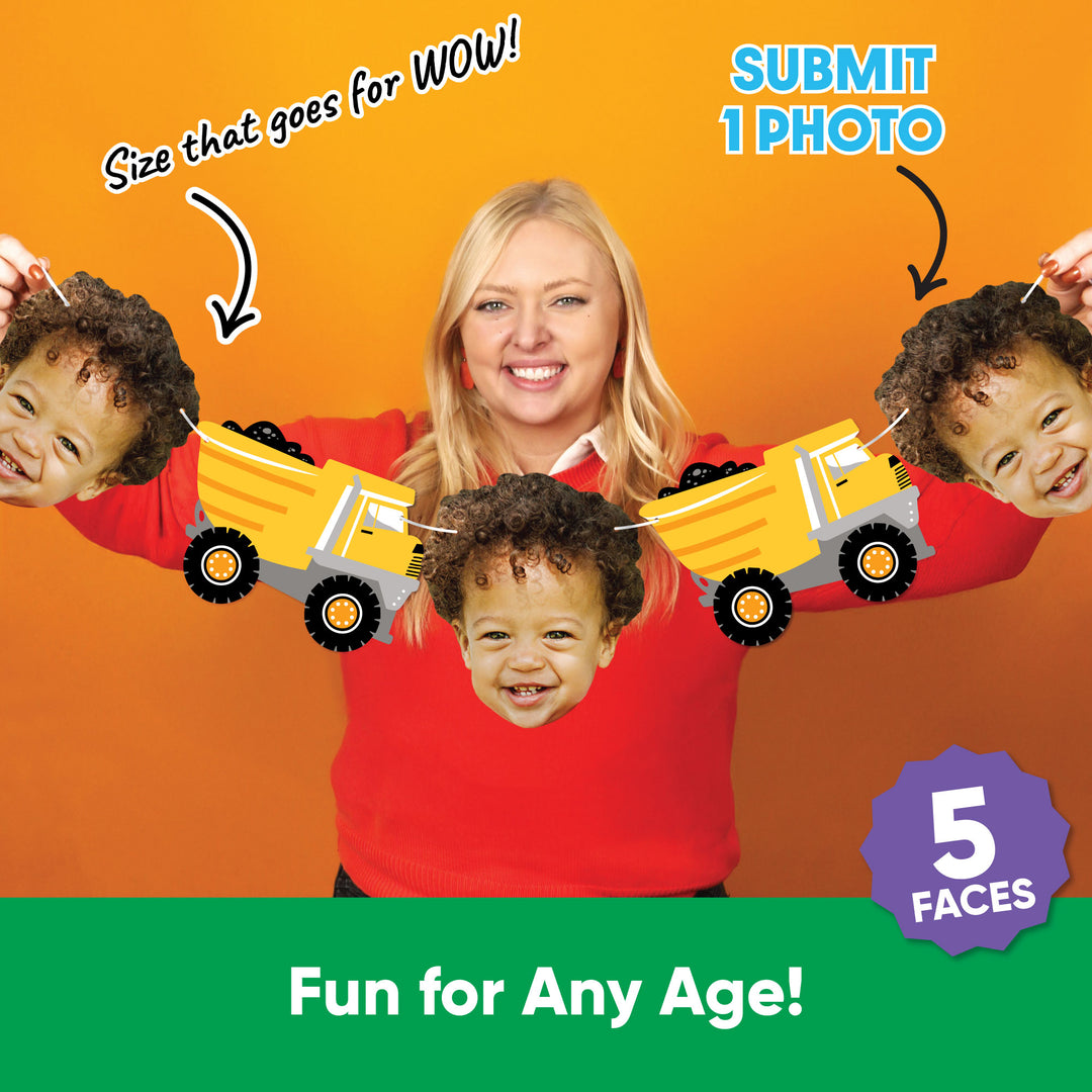 Personalized construction party garland banner with custom face photo cutouts.