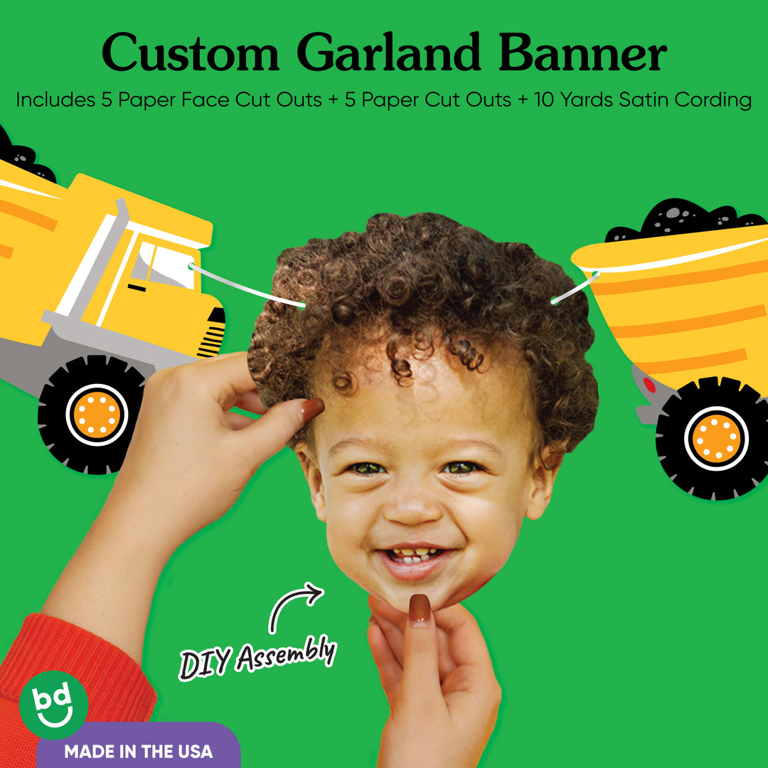 Construction themed custom face banner for birthday party décor.