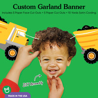 Construction themed custom face banner for birthday party décor.