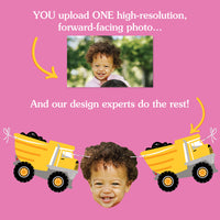 Photo construction garland banner with personalized faces for kids construction birthday party.