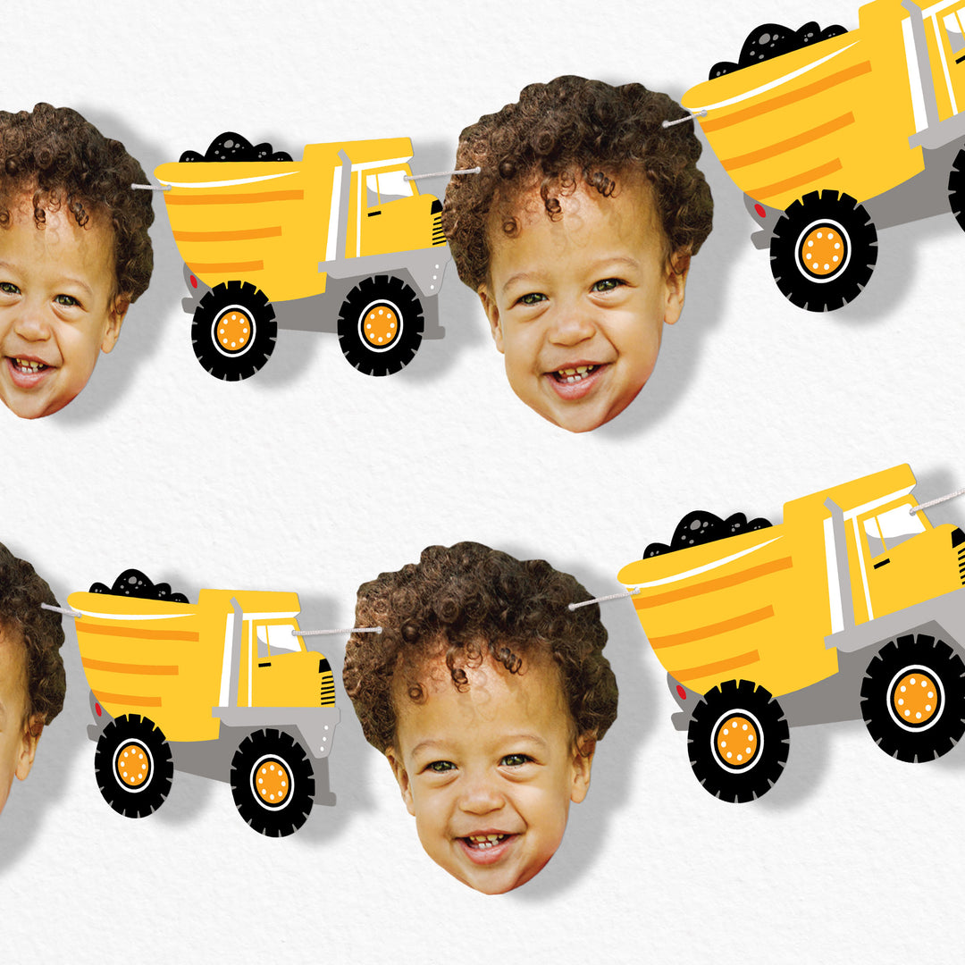Custom face construction garland banner with personalized construction themed cutouts for kids construction party decorations