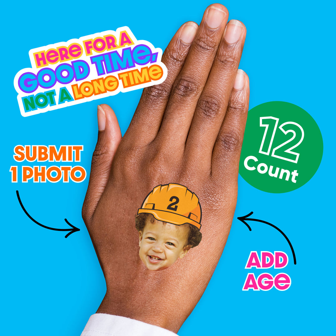 12-count construction themed custom face temporary tattoos for birthday party guests.
